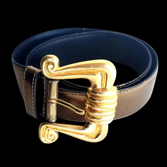 Vintage 80s Belt Womens Medium 34 Metallic Leather Brass Buckle Avignon Spain
